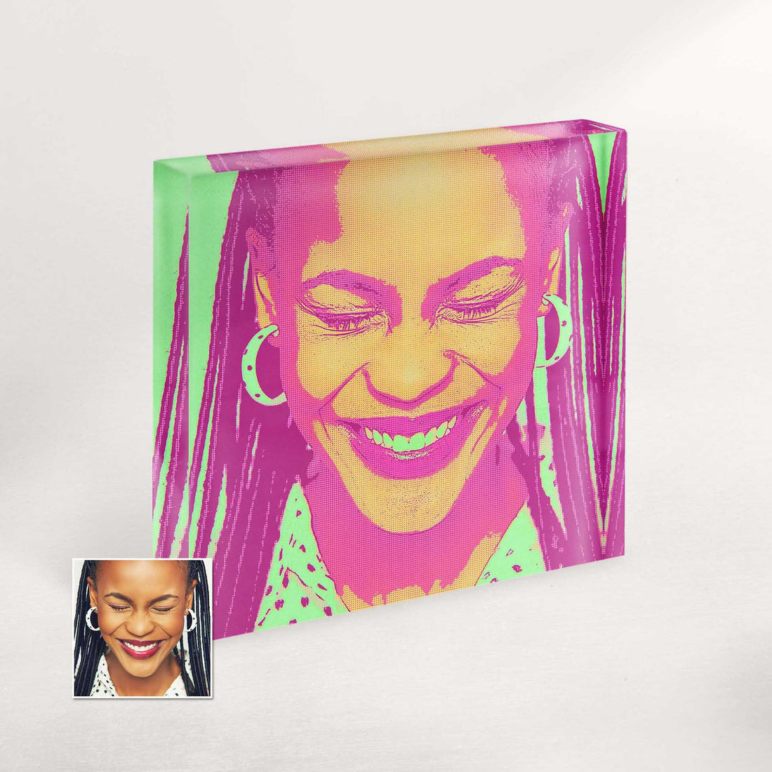 Capture memories in a personalized way with this green and pink pop art acrylic block photo, featuring tailored elements that enhance the contemporary charm of any space